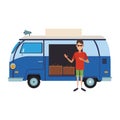 Man with retro van and luggage inside