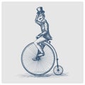 Man retro vintage old bicycle blue sketch vector Royalty Free Stock Photo