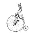 Man on retro vintage old bicycle engraving vector Royalty Free Stock Photo