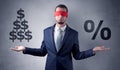 Man with ribbon on his eye holding dollar signs Royalty Free Stock Photo