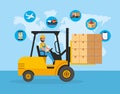 Man ride forklift transport with packages service Royalty Free Stock Photo