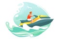 Man ride jetski in sea vector poster. Aquabike on ocean waves illustration. Summer cartoon landscape with character in