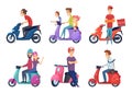 Man ride motorcycle. Fast bike scooter for delivery pizza or food travelers couple driving moped vector pictures Royalty Free Stock Photo