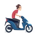 Man ride on scooter. Male drives motorbike, isolated flat rider vector character