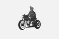 Man rider on chopper motorcycle silhouette hand drawn ink stamp vector illustration. Royalty Free Stock Photo