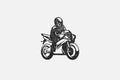 Man rider on superbike motorcycle silhouette hand drawn ink stamp vector illustration. Royalty Free Stock Photo