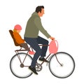 Man rides a bicycle with child on baby seat flat style vector illustration