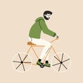 The man rides a bicycle. Eco-friendly mode of transport. Vector illustration in hand drawn style