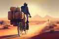 A man rides a bike in a desert area, carries a lot of luggage. AI generated