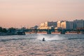 Man rides a jet ski on the Neva River in the center of St. Petersburg Royalty Free Stock Photo