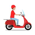 Man rides a moped. Man is riding motorcycle. Happy smiling man drives scooter. Vector illustration