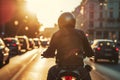 A man rides a motorcycle in city traffic, View from the back, Close-up