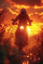 Man rides motorcycle on dirt road against the sunset Royalty Free Stock Photo