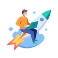 Man rides a rocket using his laptop in flat vector art style Royalty Free Stock Photo