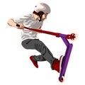 A man rides a stunt scooter, a red-purple scooter, in red sneakers Royalty Free Stock Photo