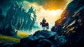 Man riding on the back of horse on top of mountain. Generative AI Royalty Free Stock Photo