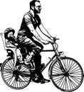 man riding bicycle with baby in child seat sketch silhouette - vector