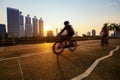 Man riding bicycle on cycling lane in city public park at morning Royalty Free Stock Photo