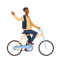 Man riding on bicycle. Cyclist african guy rides on bike and waving hand teenager outdoor activities in park, young