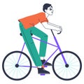 Man riding bicycle, linear male on bike. Bike riding, cyclist ride bicycle flat vector illustration on white background