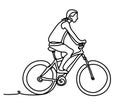 Man riding a bicycle outside. Concentrated young guy using his bike in the courtyard. Continuous line drawing. Isolated