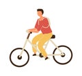 Man riding on bicycle. Vector male character in casual clothes and backpack on bike, healthy leisure lifestyle and eco