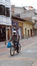 Man on a bicycle, wearing a mask
