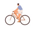 Man riding bicycle. Young cyclist rider. Summer bicyclist driving, cycling. Active person traveling on bike, eco city