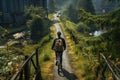 A man riding a bike down a dirt road on the nature trip. Going to work