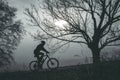 Man riding a bike uphill through foggy autumn morning Royalty Free Stock Photo