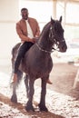 Man riding brown horse on countryside Royalty Free Stock Photo