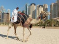 A man riding a camel on the beach Royalty Free Stock Photo