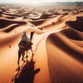 Man riding a camel in the desert with sand dunes in the background. Royalty Free Stock Photo