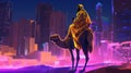 A man riding a camel in the middle of a city. Generative AI image. Royalty Free Stock Photo