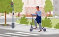 Man riding electric scooter, standing on pedestrian crosswalk with traffic light Royalty Free Stock Photo