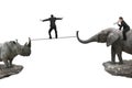 Man riding elephant against rhinoceros with another balancing rope