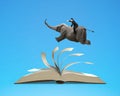 Man riding elephant flying on top flipping pages of open book is