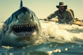 Man riding a great white shark. Generative AI Royalty Free Stock Photo