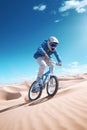 man riding his sports bike in the desert. Royalty Free Stock Photo