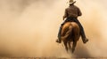 A man riding a horse wearing a cowboy hat in the dust of the prairie.