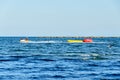 Man riding a jet ski over blue Black Sea water, banana boat. Royalty Free Stock Photo