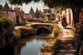 man riding motor bike on dirt road in quaint village