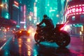 man riding a motorcycle through a city at night. The streets are lit up with neon lights, and there are other vehicles Royalty Free Stock Photo