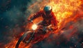 A man is riding a motorcycle through a fiery explosion by AI generated image Royalty Free Stock Photo