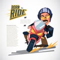 man riding motorcycle in road curve. character design with typopographic for header design - vector Royalty Free Stock Photo