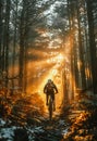 Man riding mountain bike in the forest on sunny day Royalty Free Stock Photo