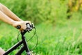 A man riding a mountain bike on a summer forest road. Summer active vacation Royalty Free Stock Photo