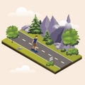 Man riding a skateboard on countryside summer sunny road or highway. Isometric countryside. Summer road.