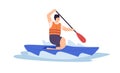 Man riding solo canoe in water, rowing with paddle. Person oaring and swimming on sport boat in river. Sportsman in life