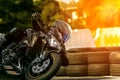 Man riding sport motorcycle on racing track